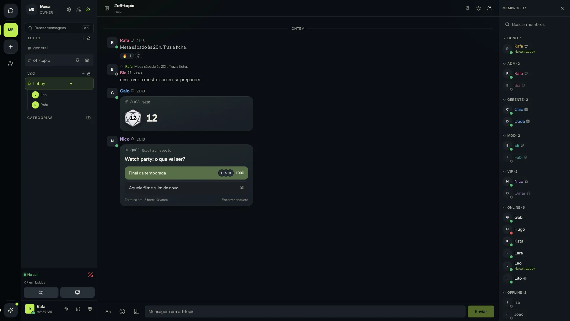 The pqp app: a community with chat, a poll, a dice roll, and people in a voice channel.